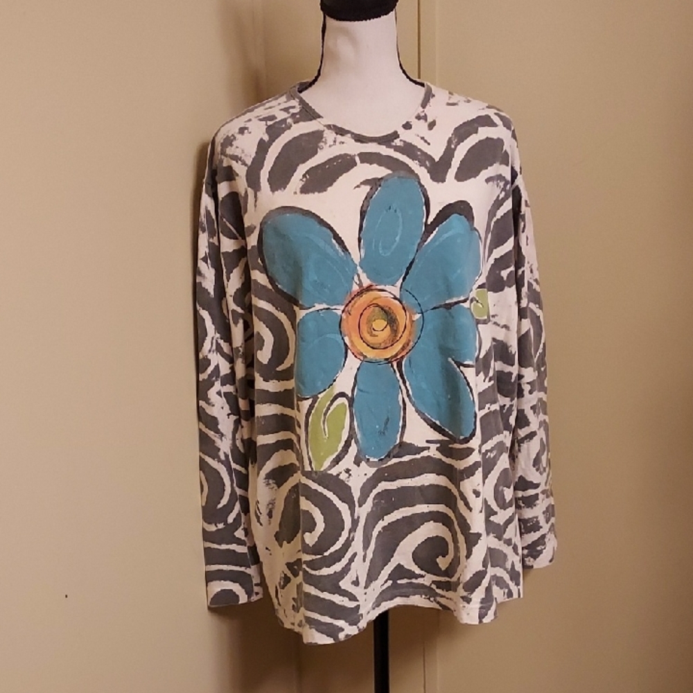 L/XL Cream and Gray Tie-Dye Long Sleeve Top